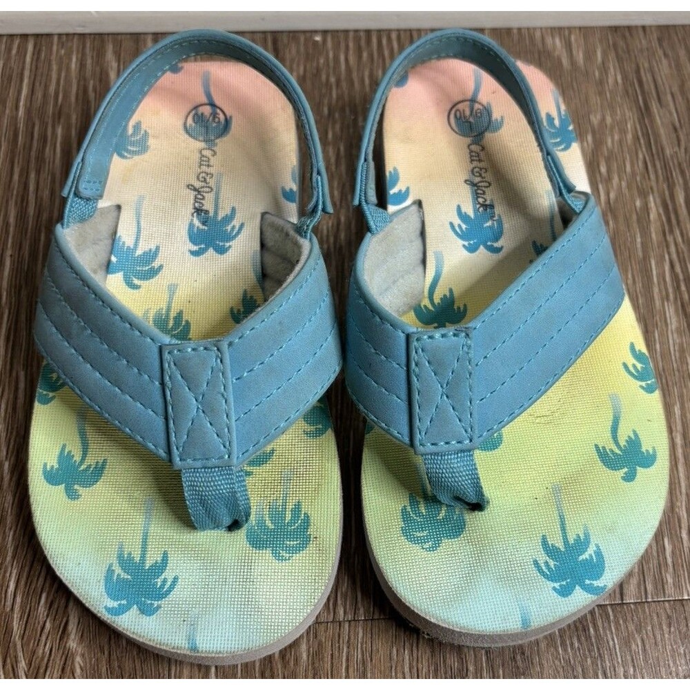 Cat & Jack Girls Flip Flop Sandals 9/10 Blue Palm Tree Print